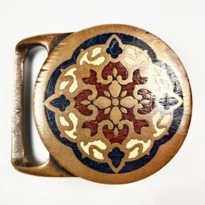 1978 Tech Ether Guild &quot;Arabesque&quot; Inlay Abstract Art Brass Belt Buckle