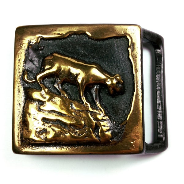 Vtg 1970s Colonial Leather Co. Tech Ether Guild Mountain Lion Panther Brass Belt Buckle w/ Card