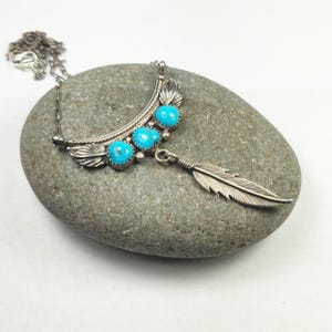 Sleeping Beauty Turquoise Feather Leaf Navajo Sterling Silver Pendant Necklace