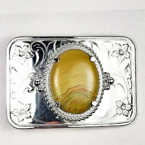 Western Silver Tone Olive Rainbow Stripe Agate Cabochon Stone Cowboy Belt Buckle