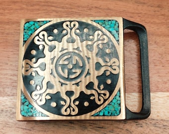 1974 Tech Ether Guild Abstract Turquoise Inlay Pattern Hippie Brass Belt Buckle - Mandala