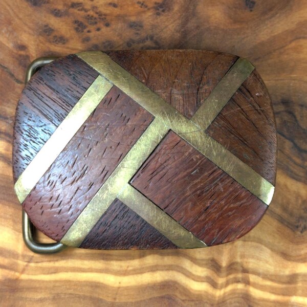 Vtg Abstract Wood Inlay Mosaic Pattern Hippie Boho Brass Belt Buckle