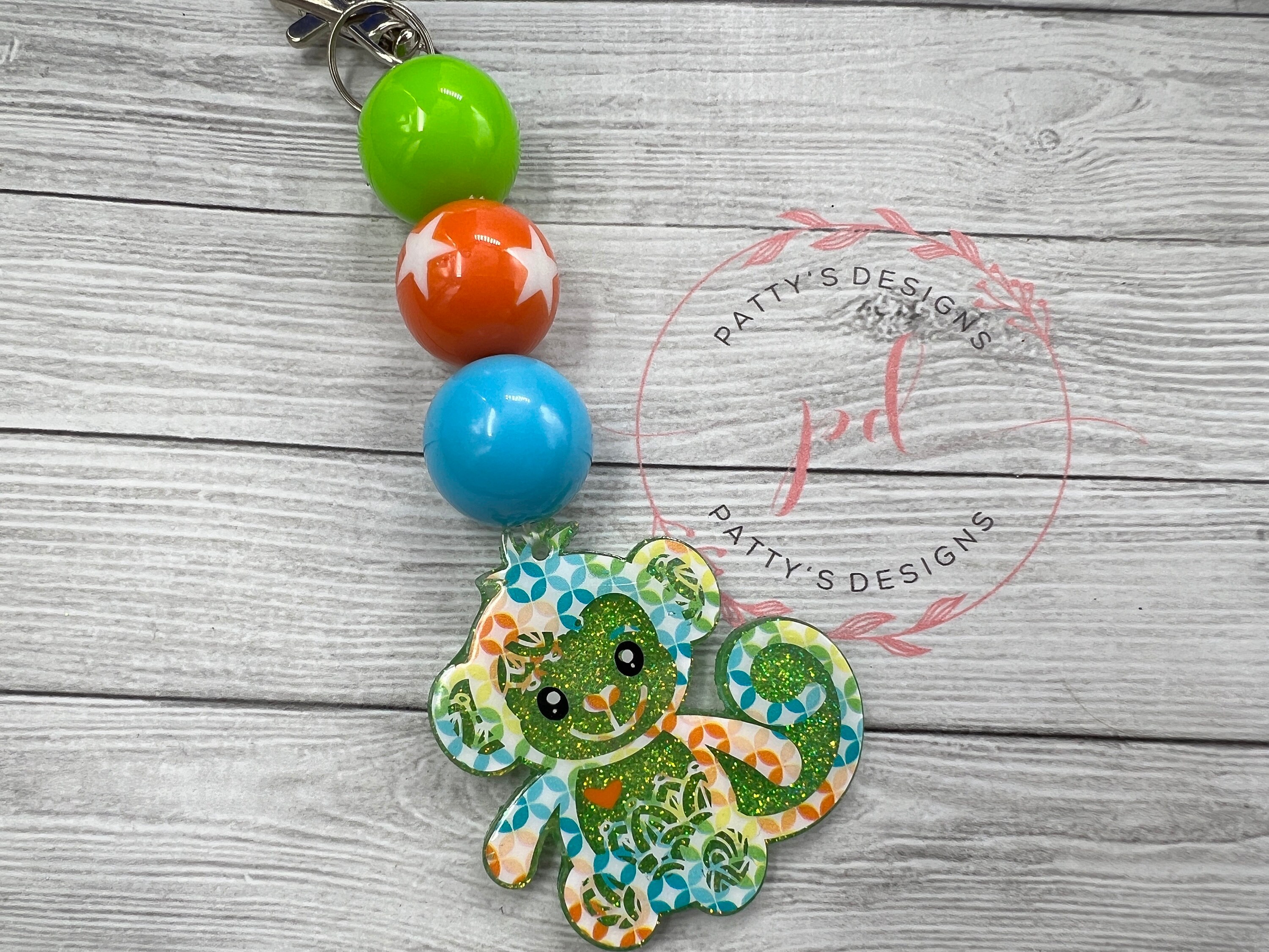 Blue, Green and Orange Monkey Beaded Keychain