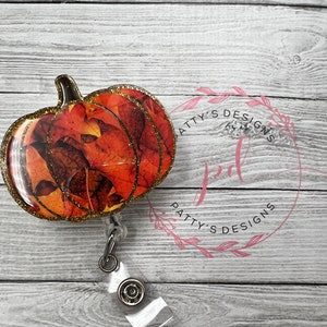 Fall Leaves Pumpkin Badge Reel, Badge Holder, ID Holder