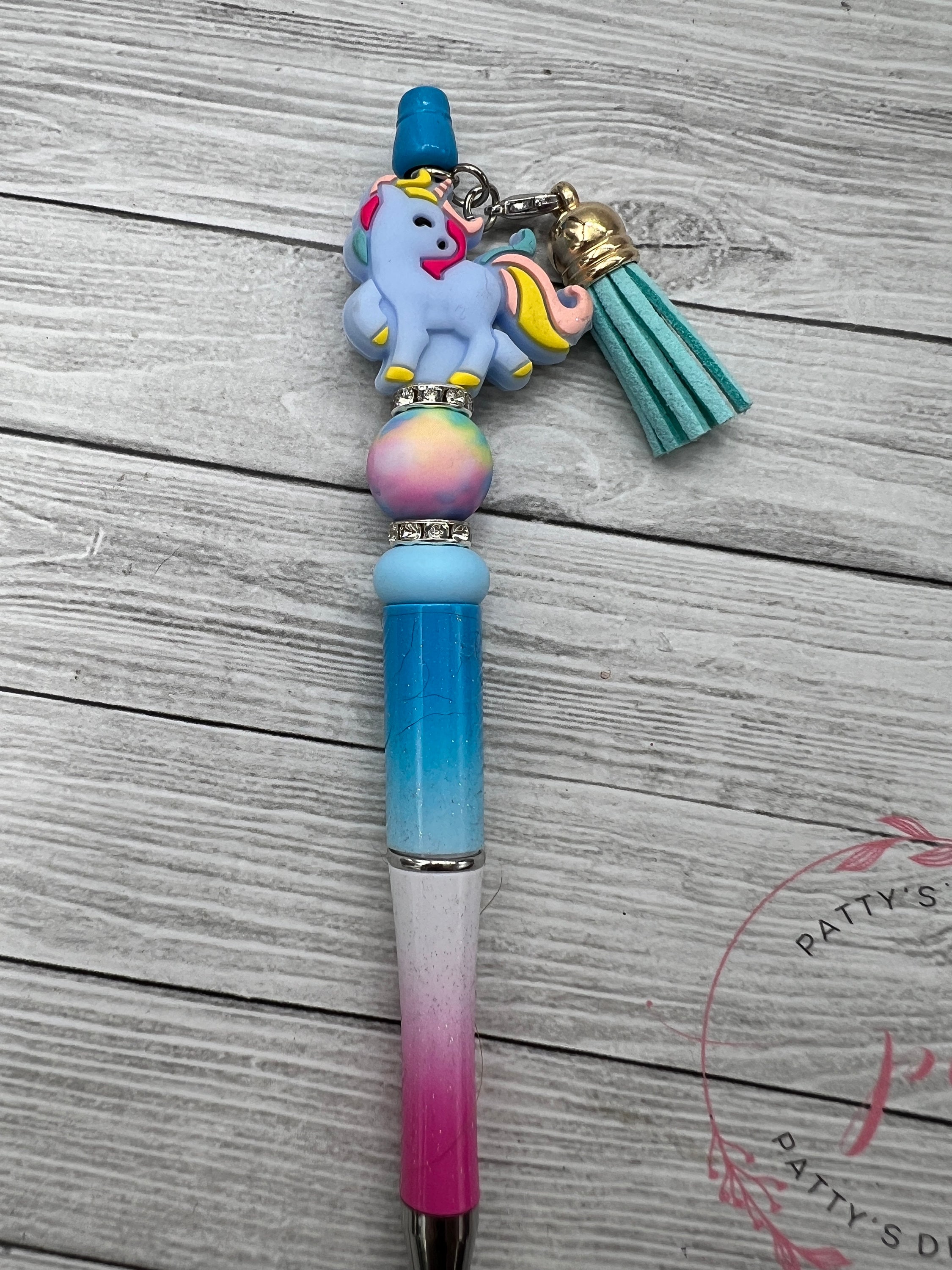 Blue Unicorn Beaded Pen w/ Ink Refill