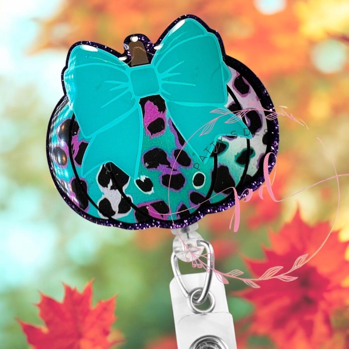 Teal and Purple Leopard Pumpkin with Bow Badge Reel, Badge Holder, ID Holder