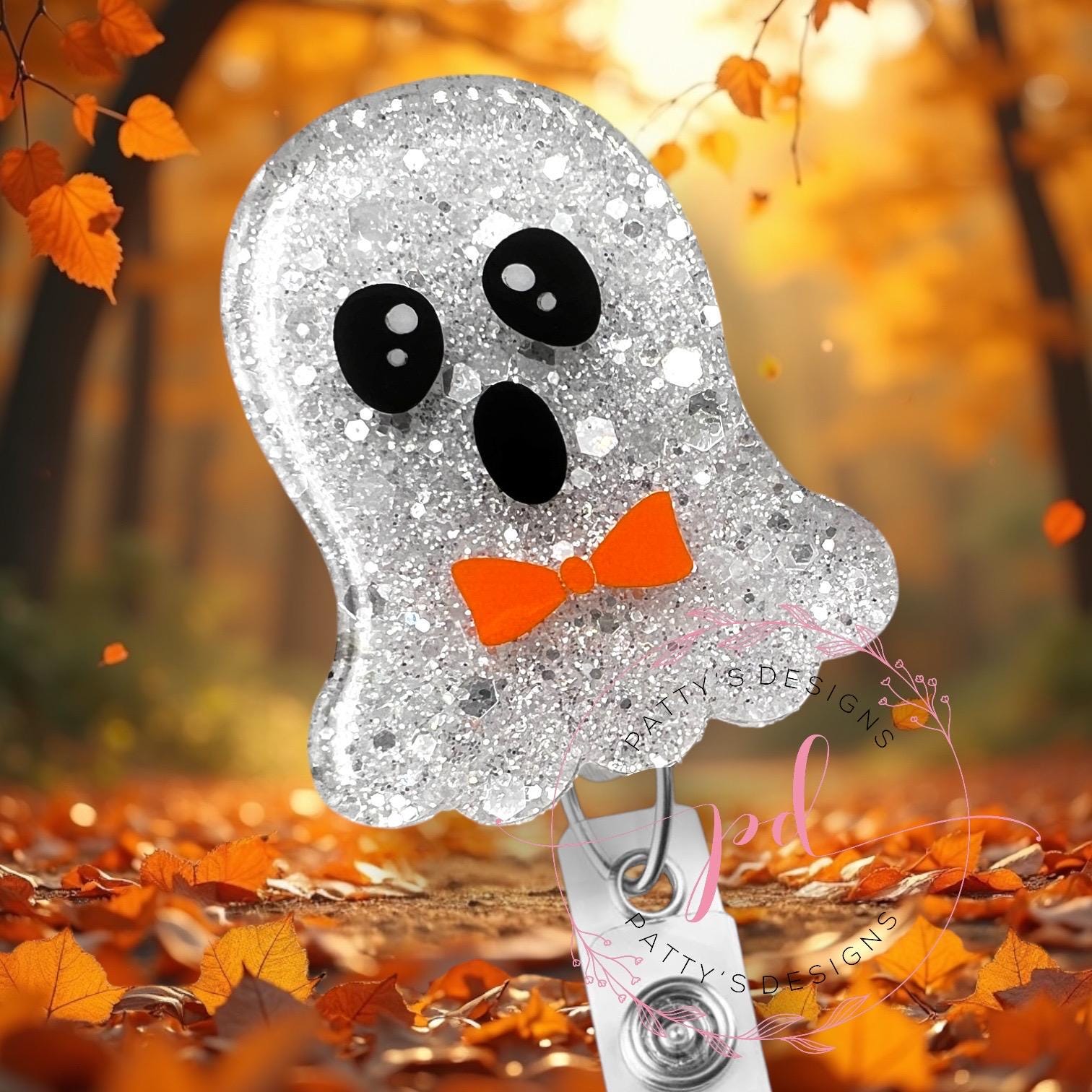 Ghost with BowTie Badge Reel, Badge Holder, ID Holder, Halloween, Fall