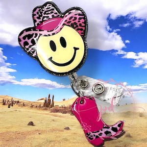 Smiley Cowboy Pink Leopard, Happy Cowboy w/Cowboy Boot Charm Badge Reel, ID Holder, Western