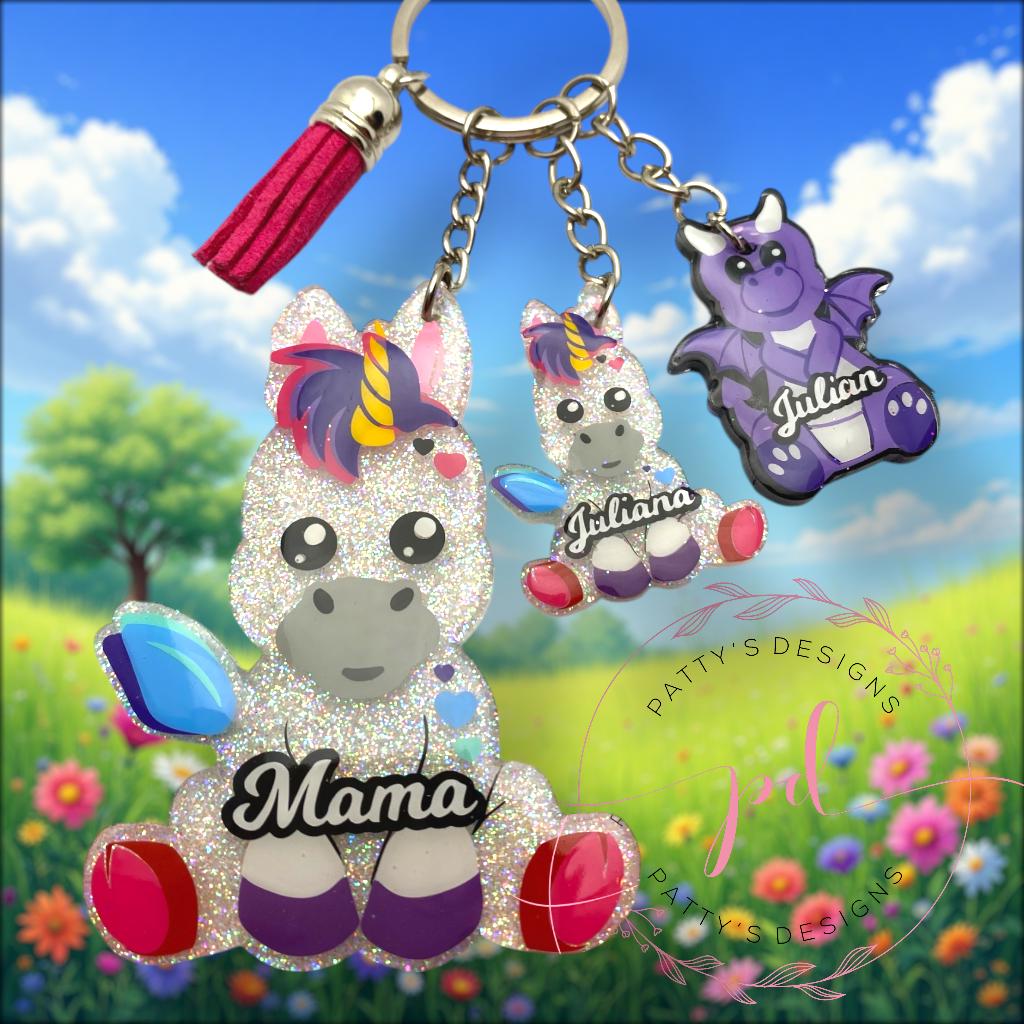Mama Unicorn and Babies Acrylic Keychain- Customizable - Thumbnail 2