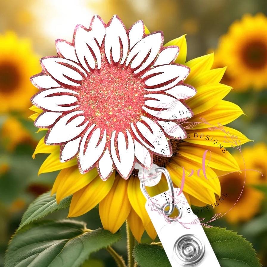 White w/Peachy Pink Glitter Sunflower Badge Reel, Badge Holder, ID Holder