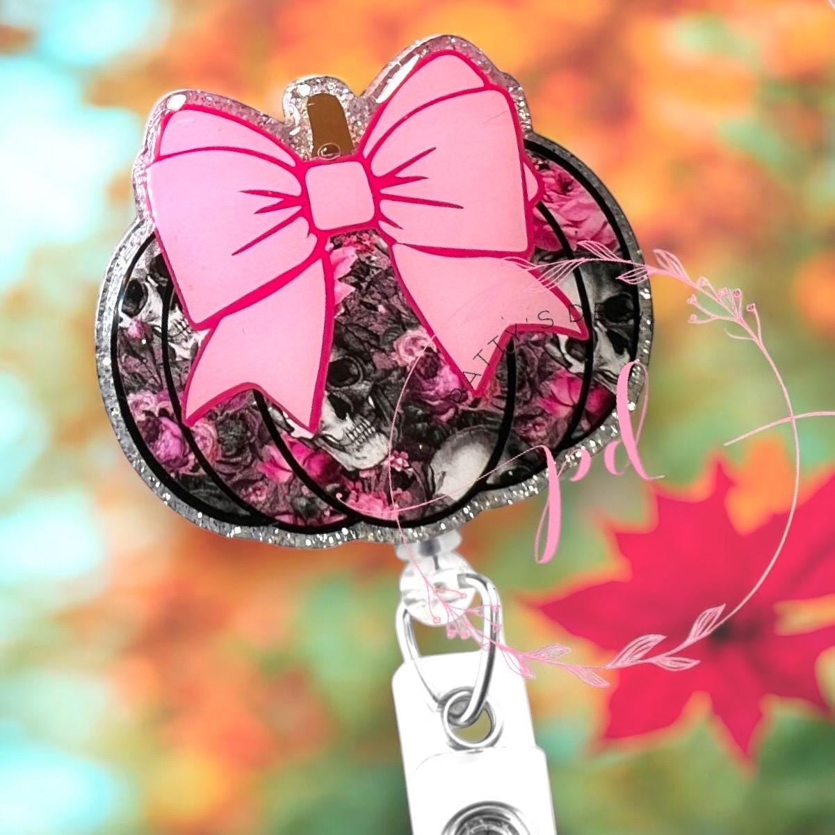 Skull and Pink Roses Pumpkin with Bow Badge Reel, Badge Holder, ID Holder