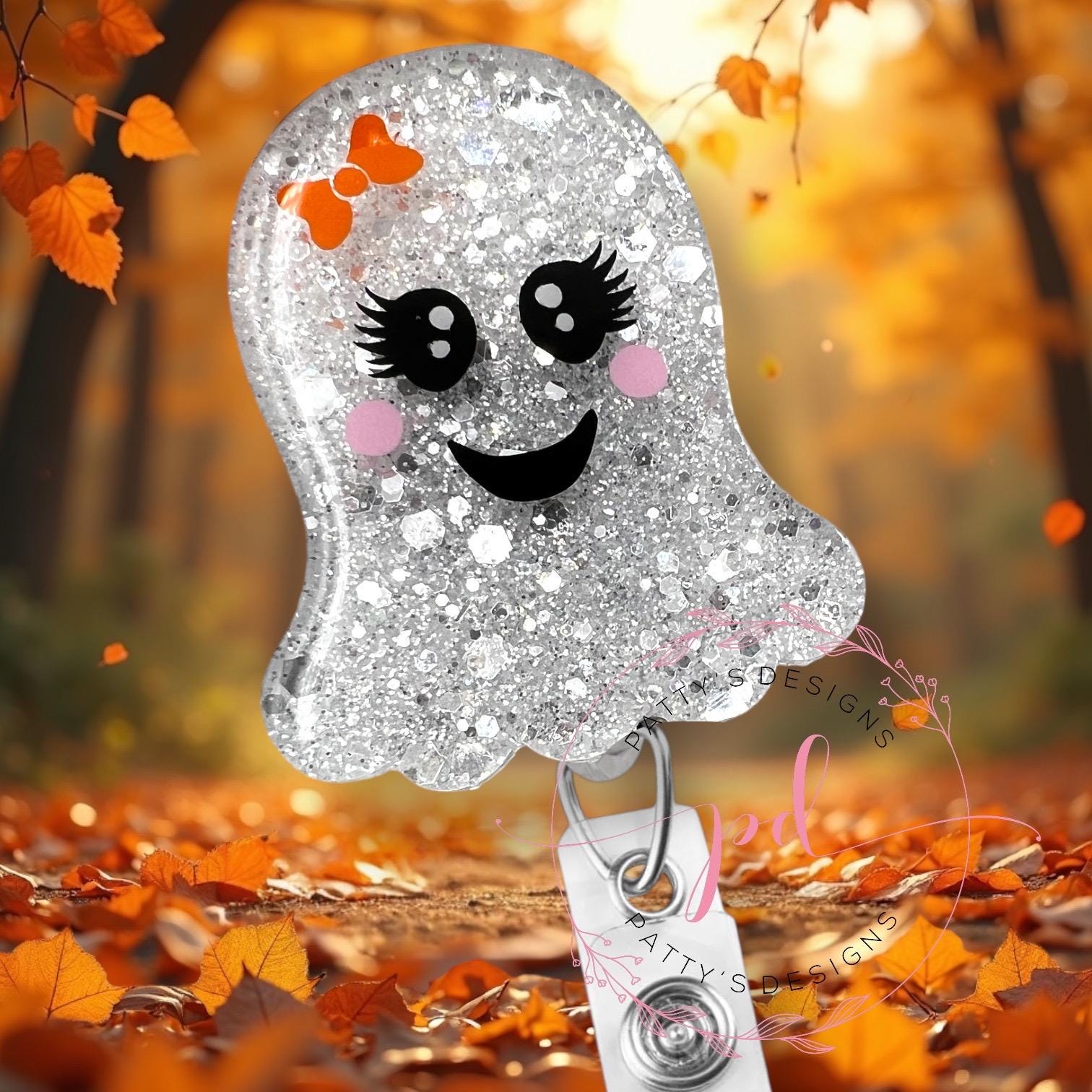 Ghost with Bow Badge Reel, Badge Holder, ID Holder, Halloween, Fall - Thumbnail 2