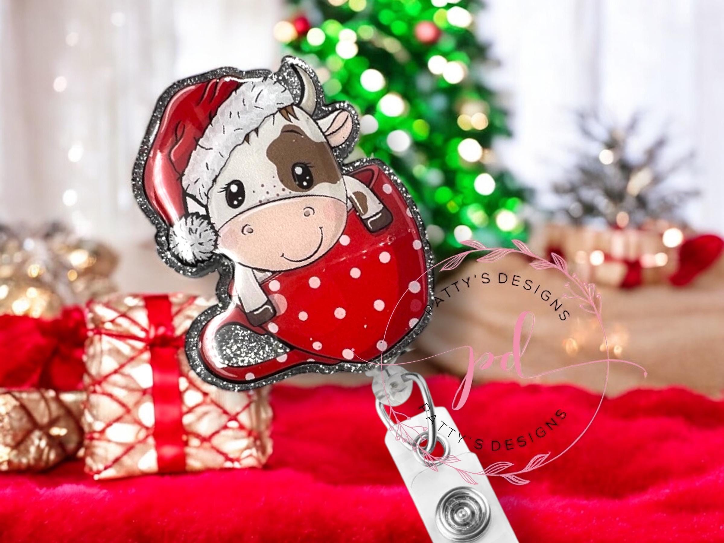 Christmas Cow Coffee Cup Badge Reel, Badge Holder, ID Holder, Christmas