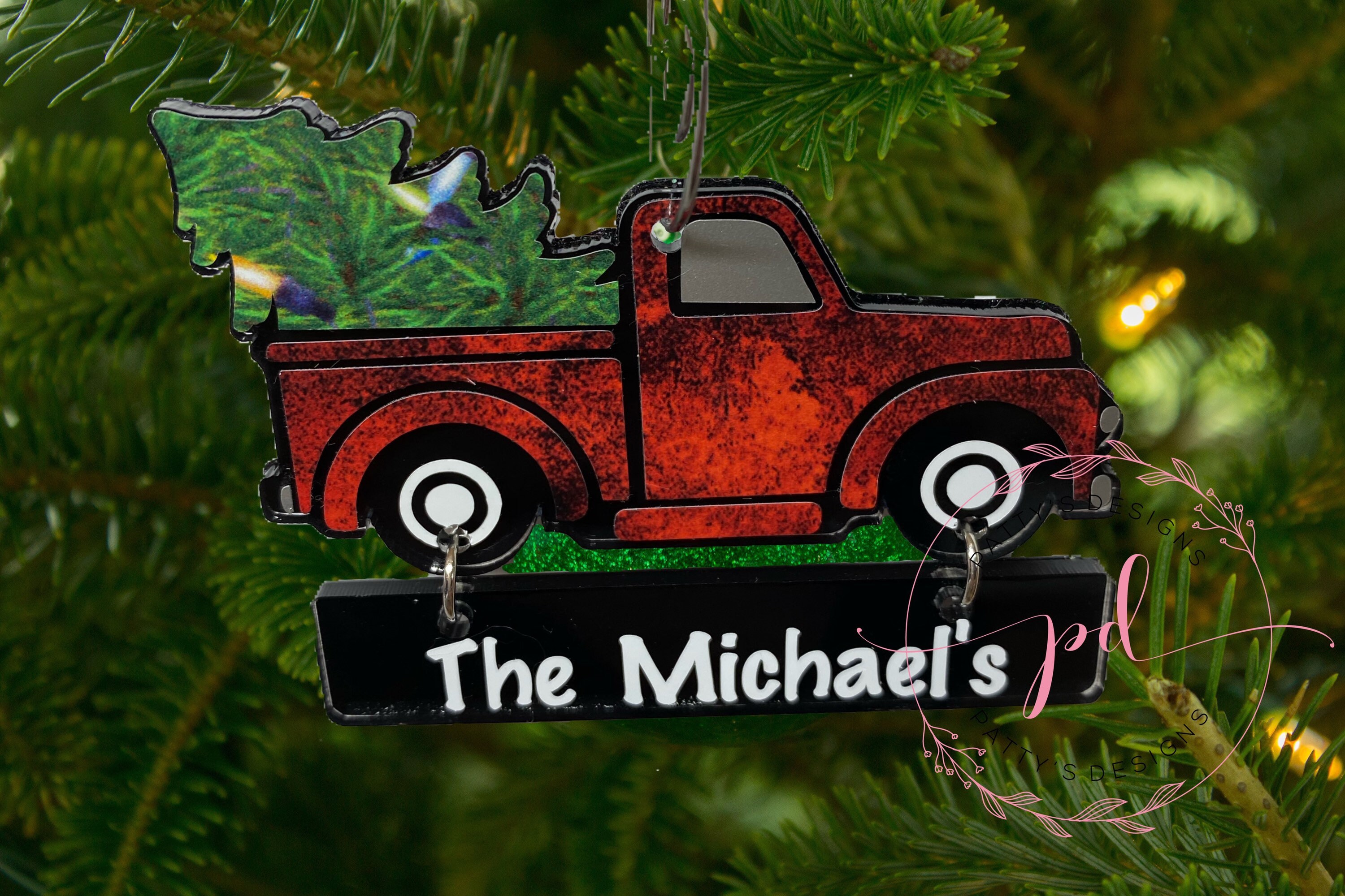 Red Truck Christmas Ornament w/ Name Banner