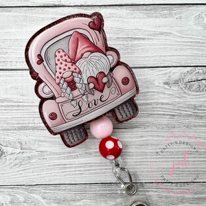 Love Gnomes in Car, Beaded Badge Reel, Badge Holder, ID Holder