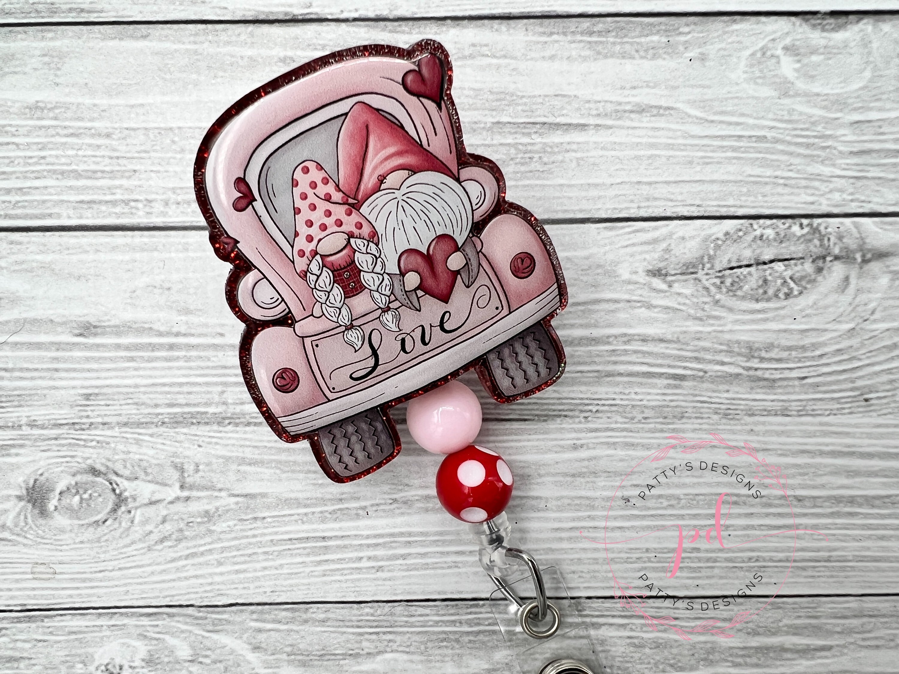 Love Gnomes in Car, Beaded Badge Reel, Badge Holder, ID Holder
