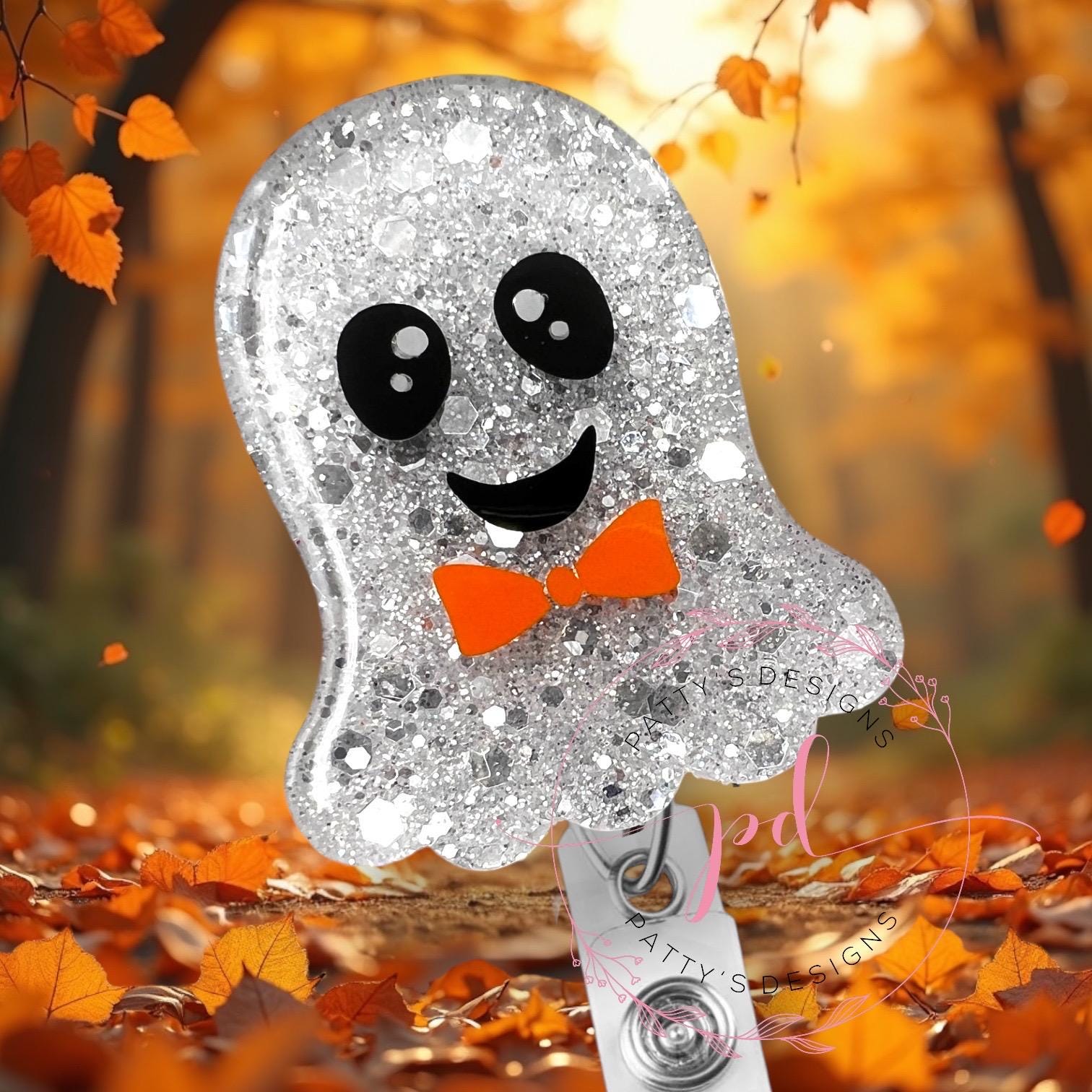 Ghost with BowTie Badge Reel, Badge Holder, ID Holder, Halloween, Fall - Thumbnail 2