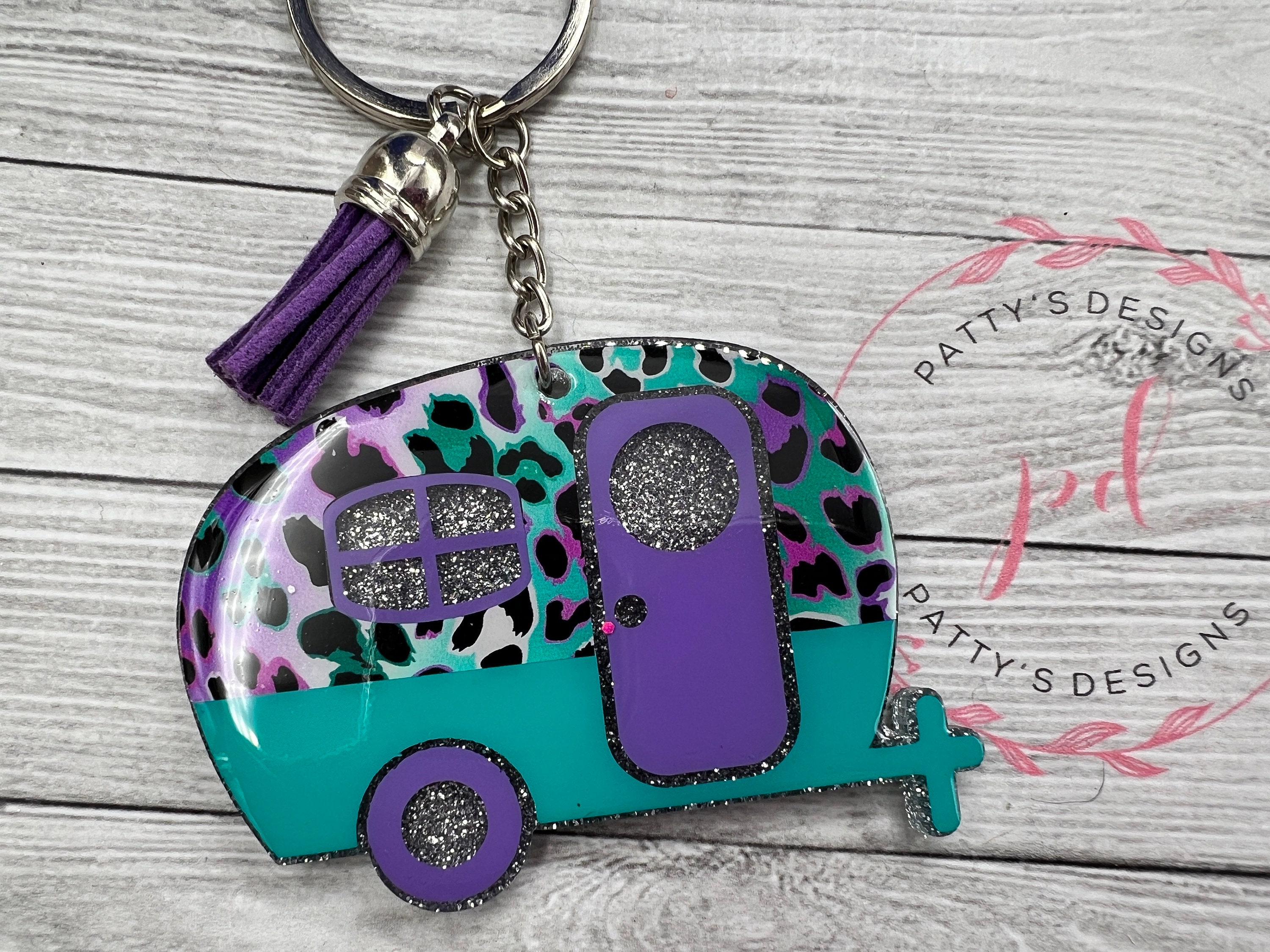 Camper Purple and Teal Leopard Print Keychain