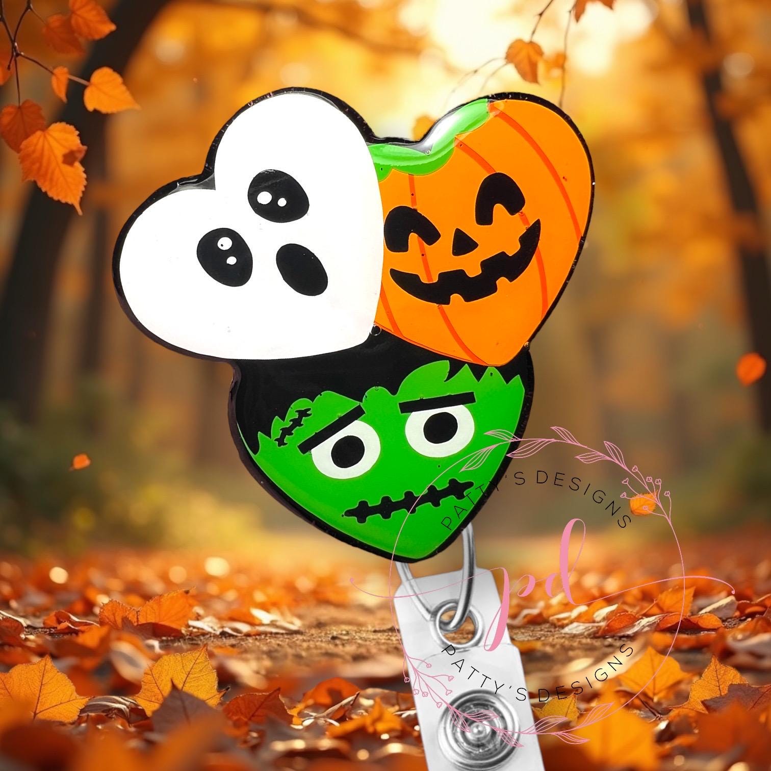 Ghost, Pumpkin, Frankenstein Hearts Badge Reel, Badge Holder, ID Holder