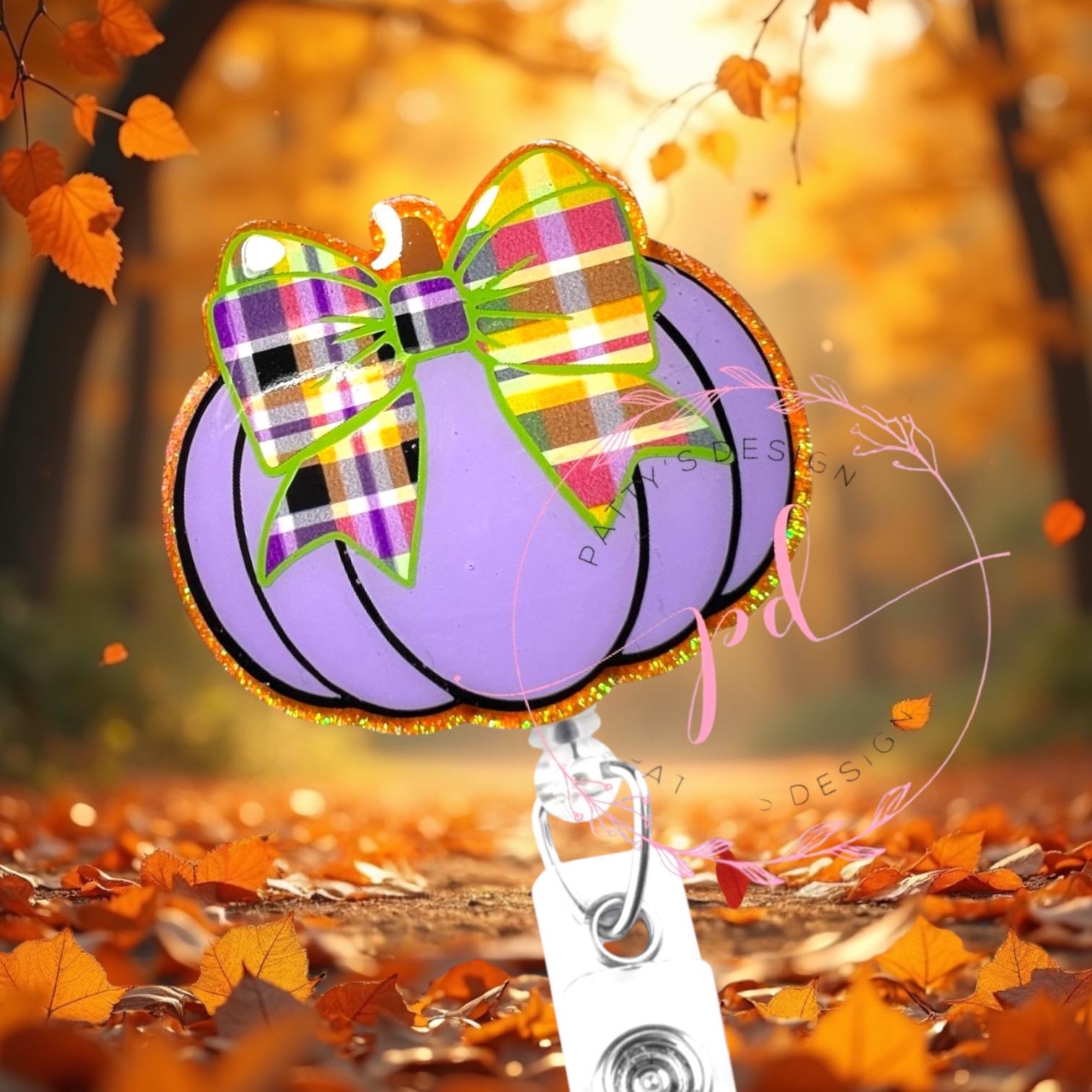 Purple Pumpkin with Plaid Bow Badge Reel, Badge Holder, ID Holder
