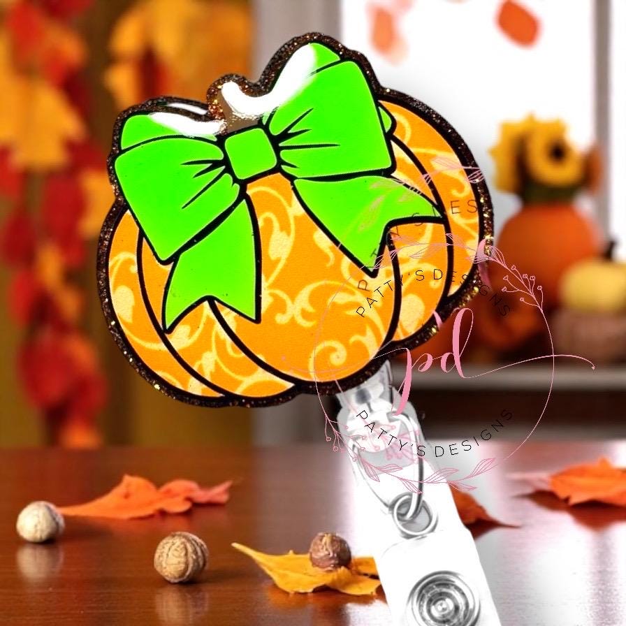 Orange Filagree Pumpkin with Green Bow Badge Reel, Badge Holder, ID Holder