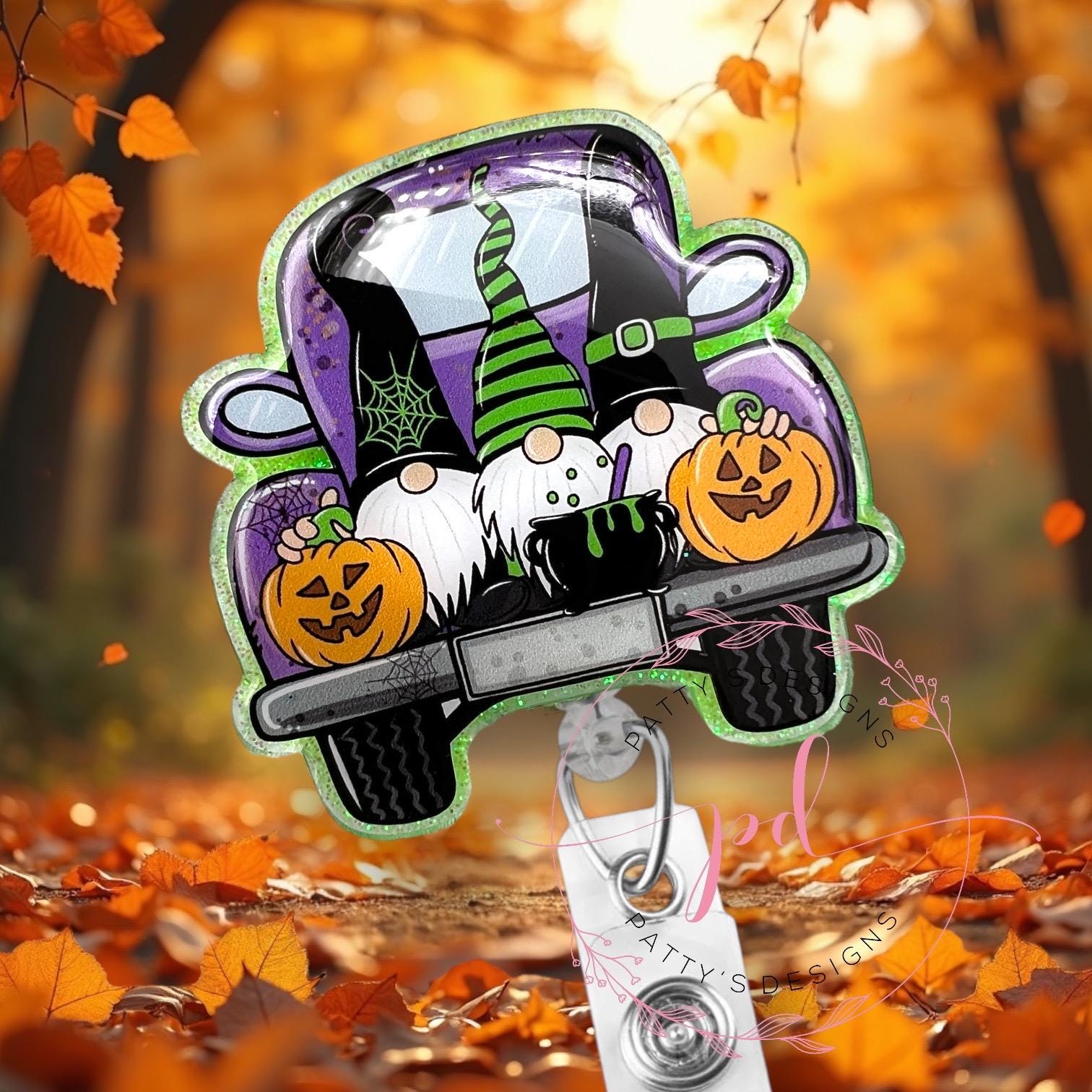 Gnome Car Badge Reel, Badge Holder, ID Holder, Halloween, Fall, Glow in the Dark