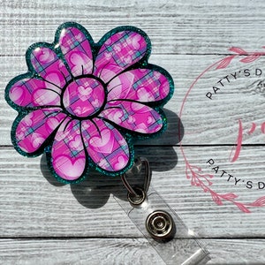 Pink Bubble Heart Plaid Daisy Badge Reel, Badge Holder, ID Holder