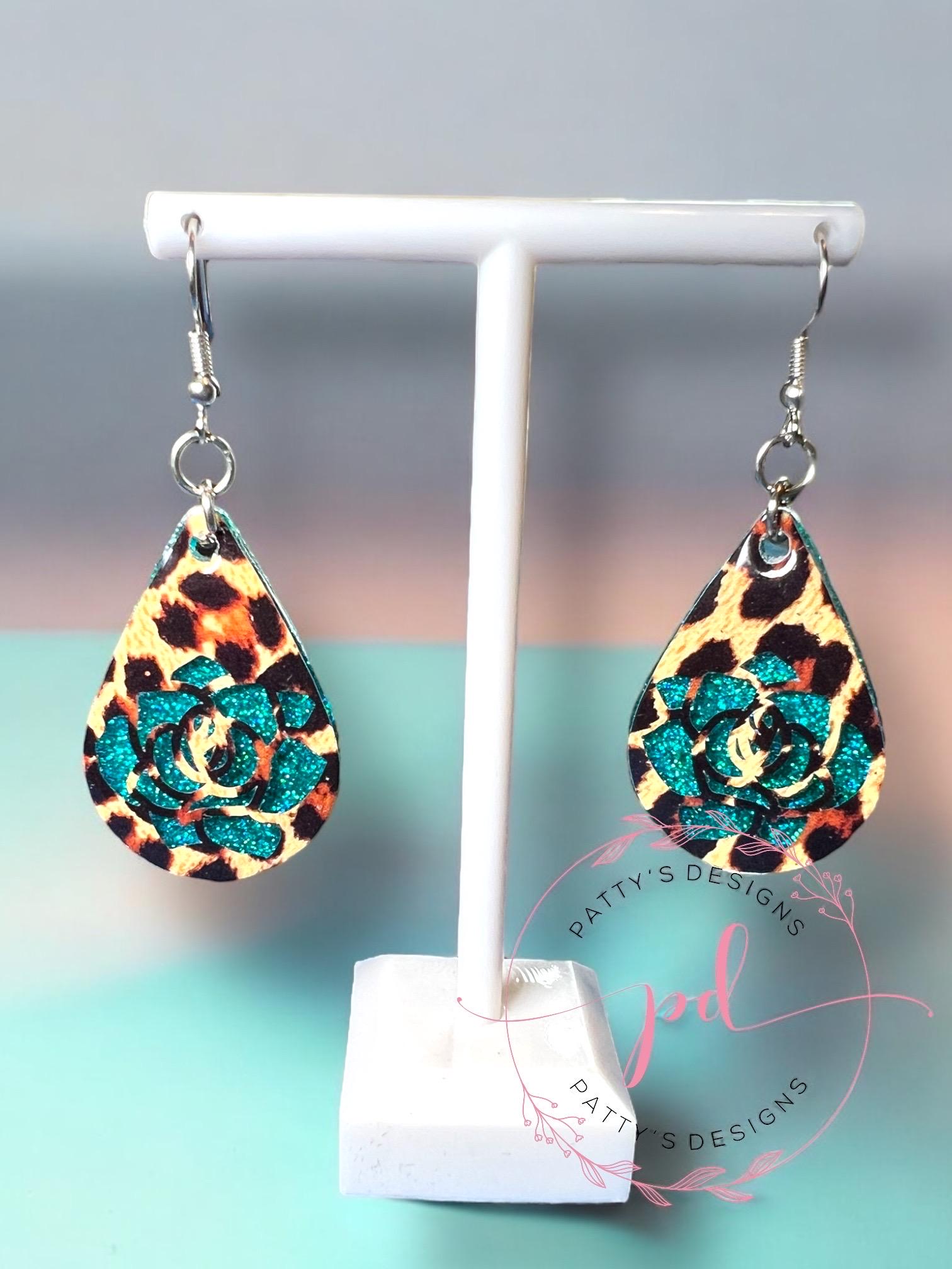Teal Rose and Leopard Print Teardrop Earrings