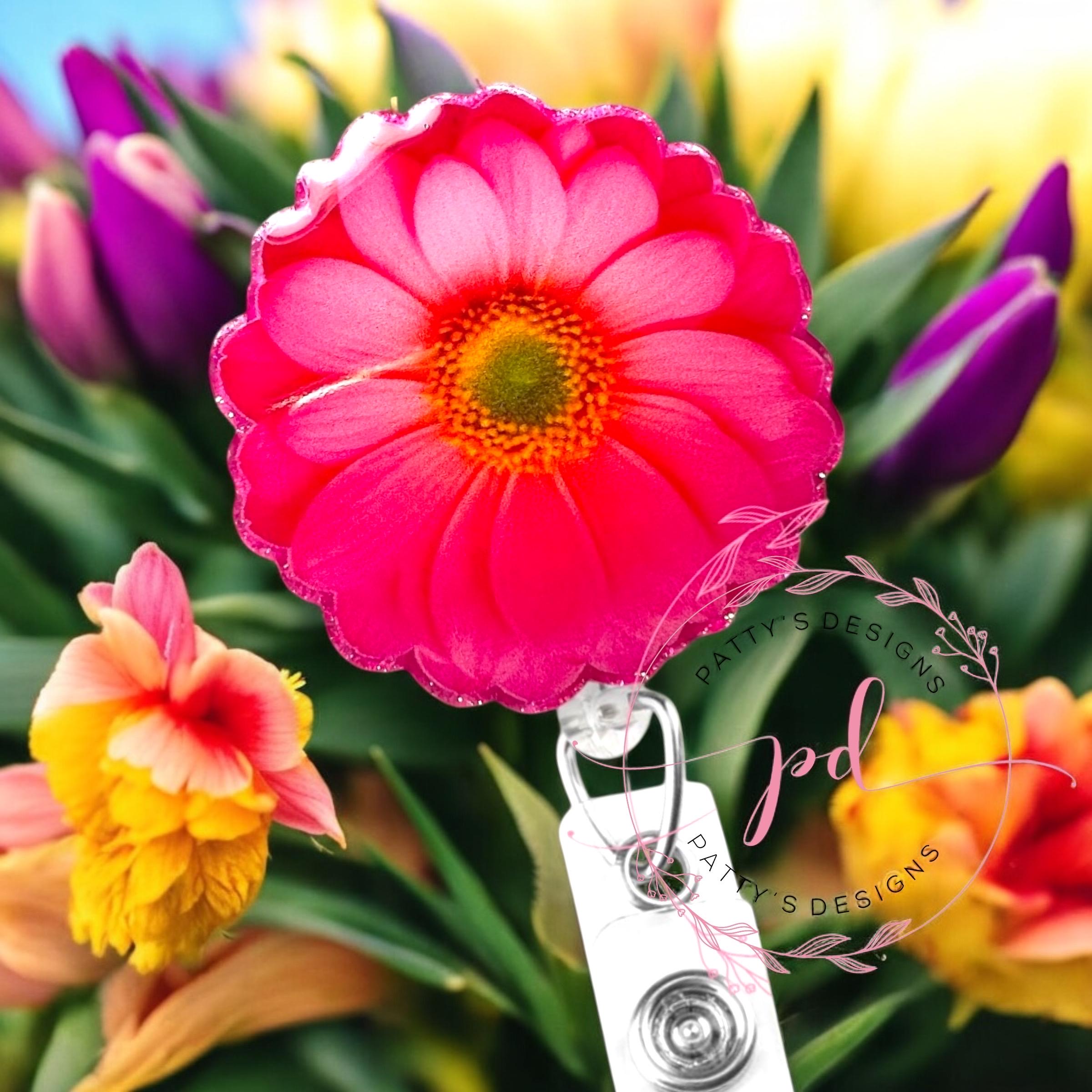 Pink Flower Badge Reel, Badge Holder, ID Holder