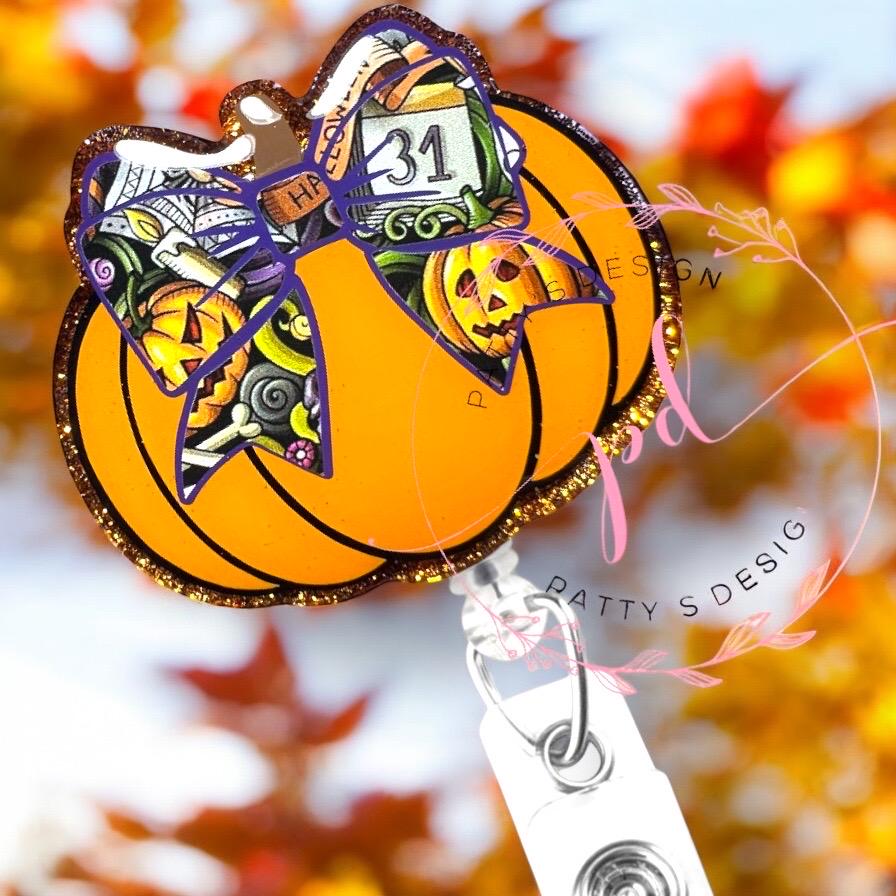 Pumpkin with Halloween Bow Badge Reel, Badge Holder, ID Holder