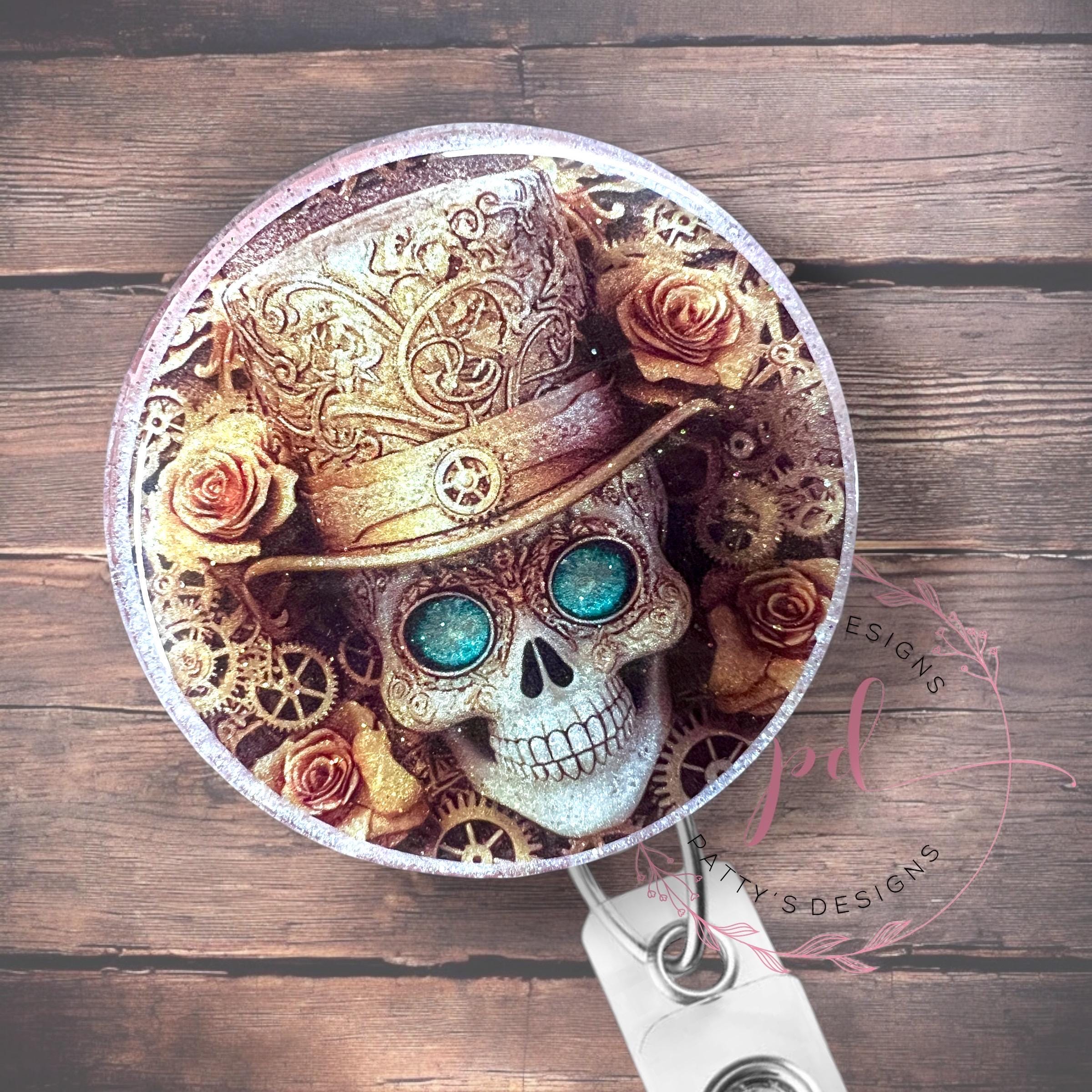 Steampunk Skull Badge Reel, Badge Holder, ID Holder