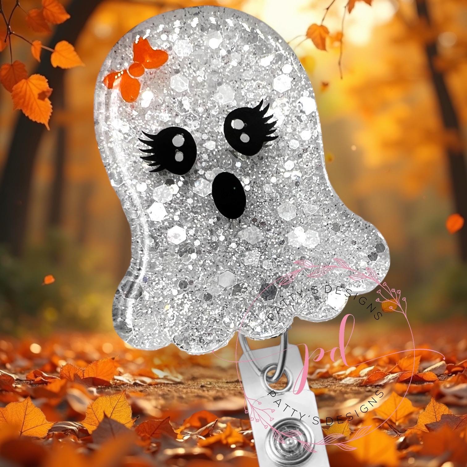 Ghost with Bow Badge Reel, Badge Holder, ID Holder, Halloween, Fall