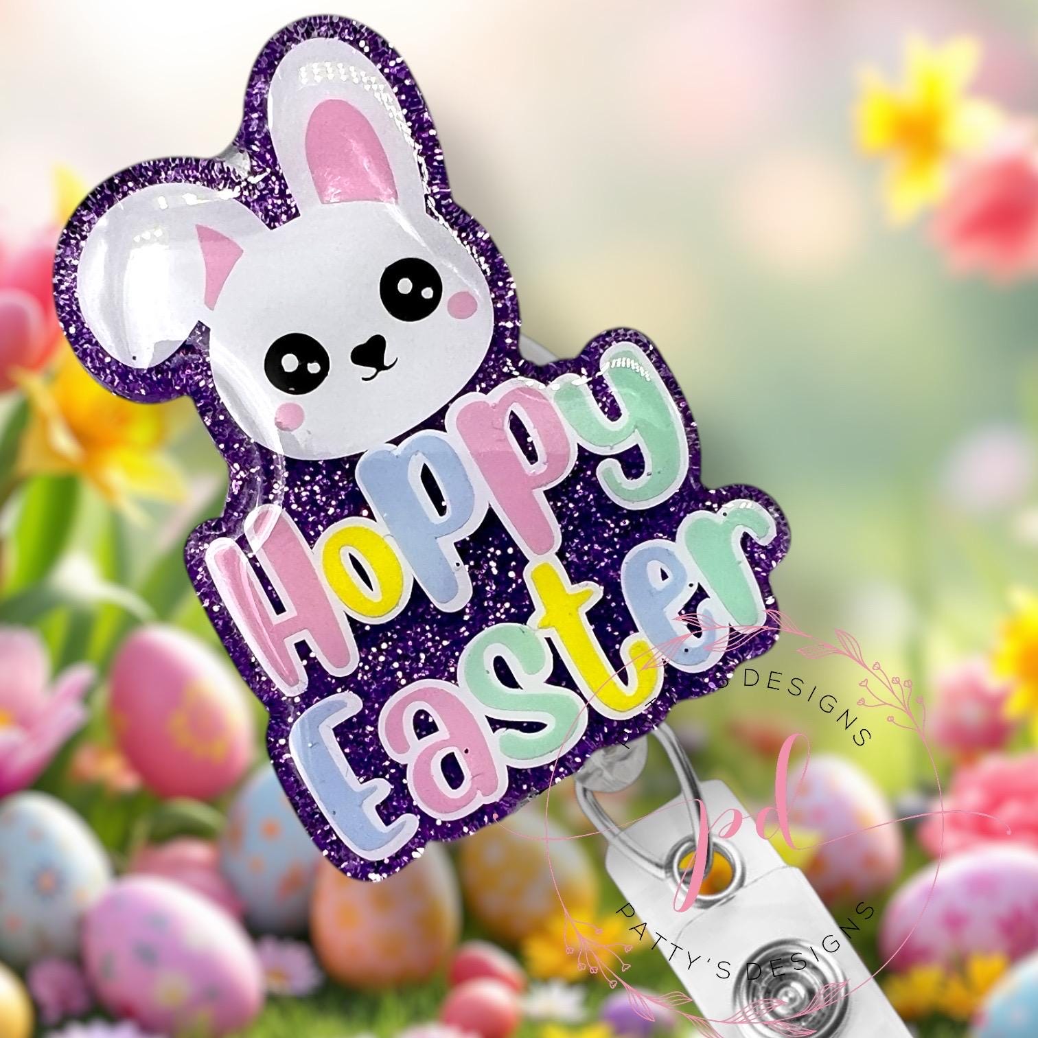 Hoppy Easter White Bunny Badge Reel, Badge Holder, ID Holder