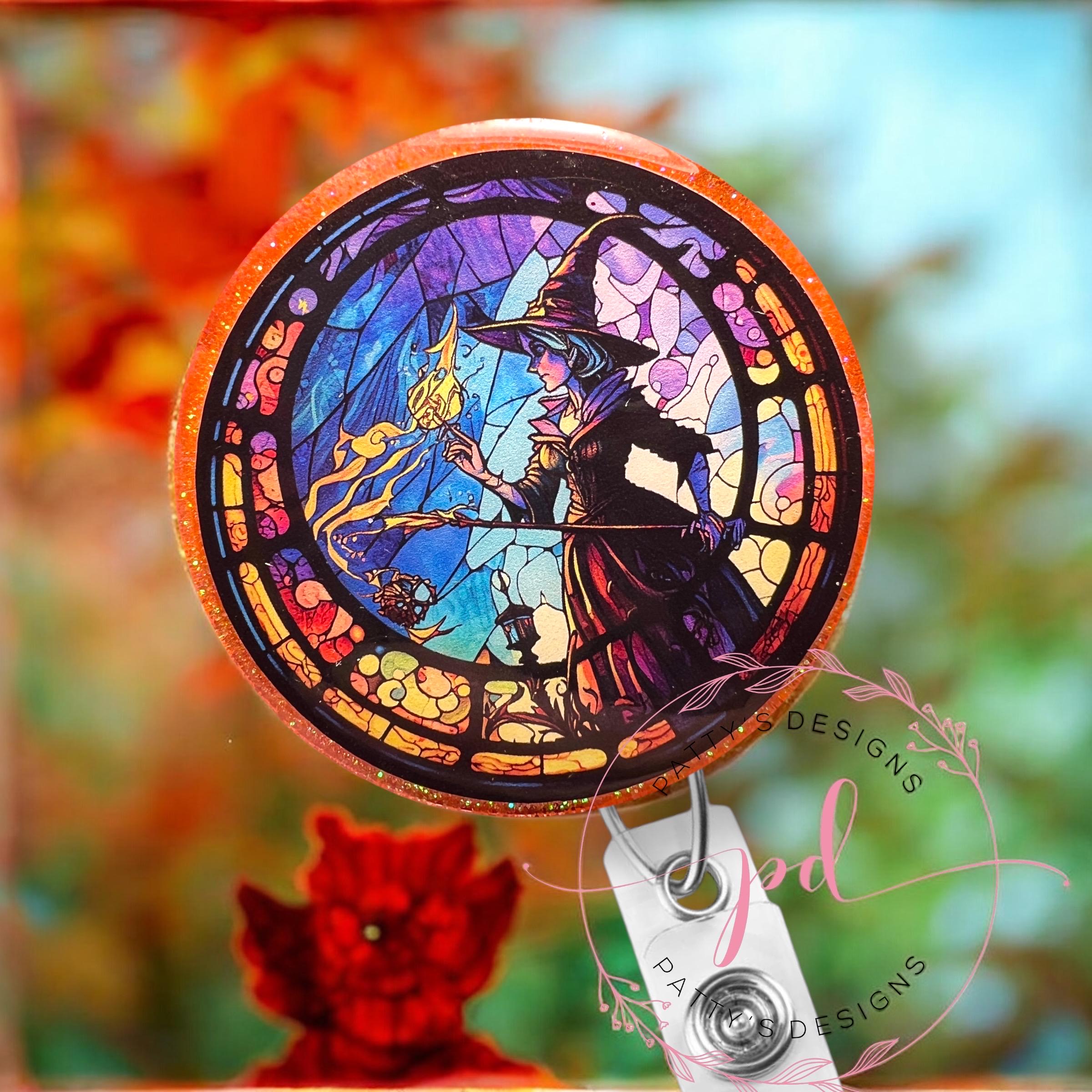 Mosaic, Stained Glass Witch Badge Reel, Badge Holder, ID Holder