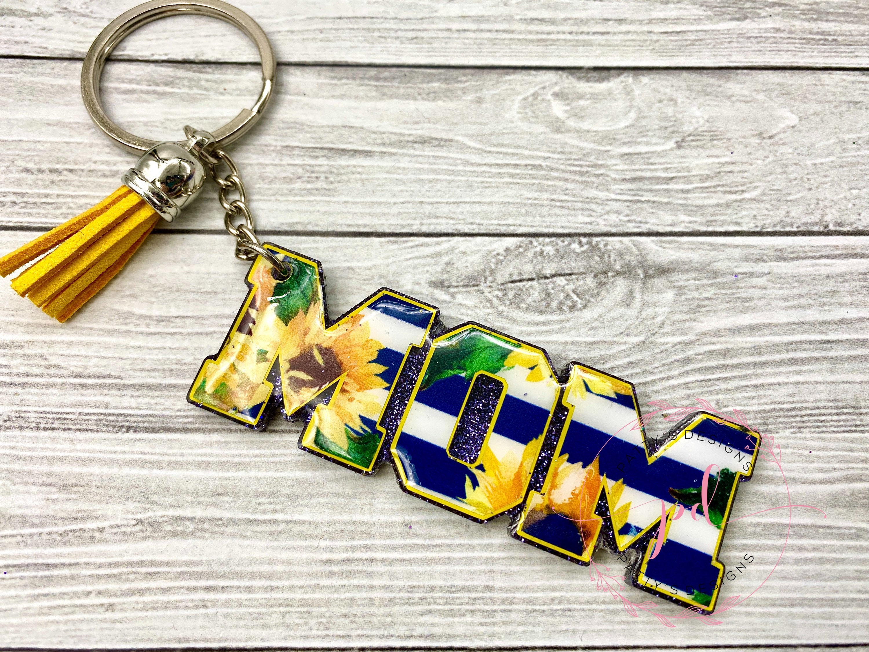 Sunflower and Navy Stripped Mom Keychain, Mother’s Day, Gifts for Mom