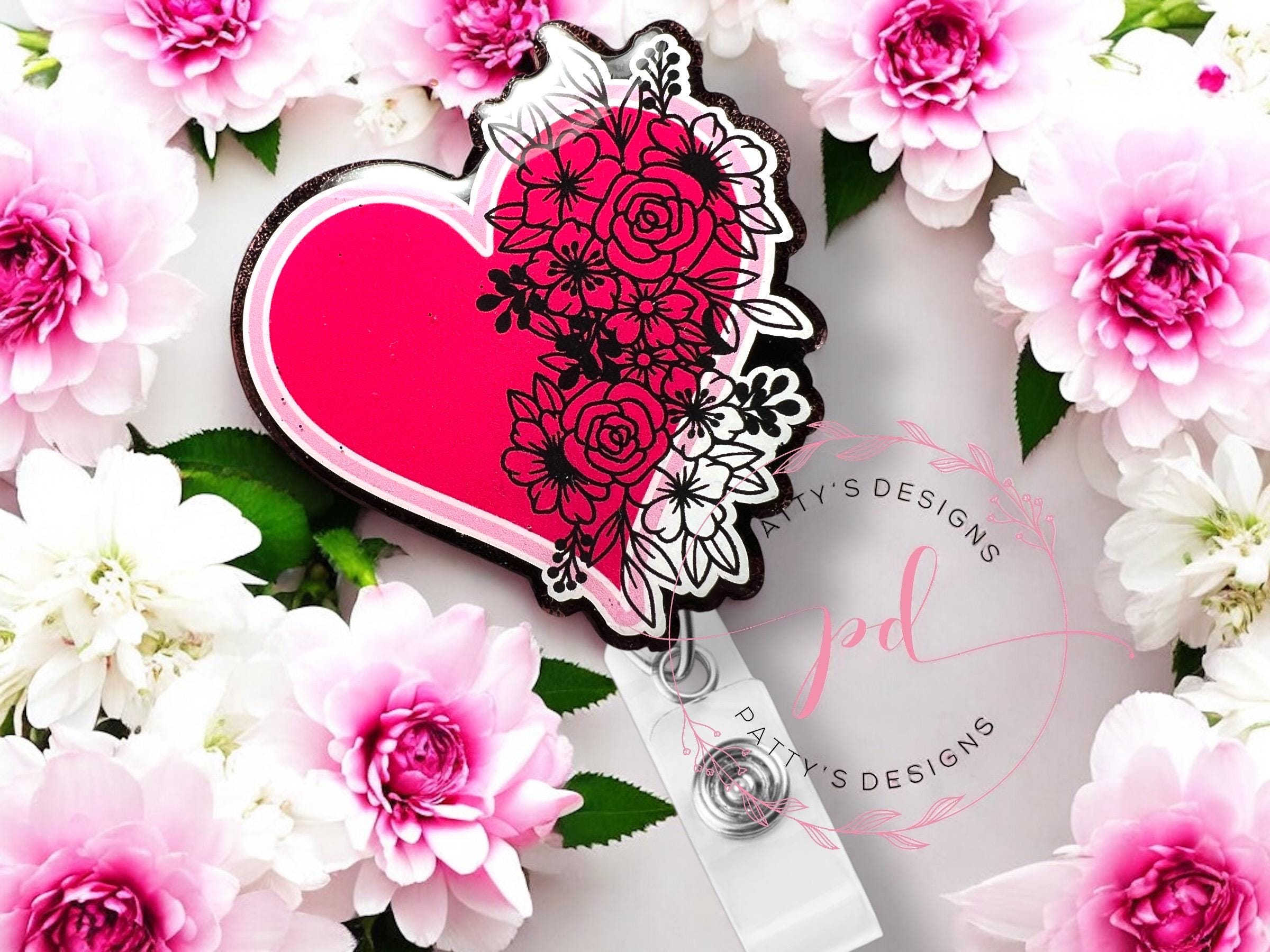 Dk Pink Floral Heart Badge Reel, Badge Holder, ID Holder, Valentine, Valentine’s