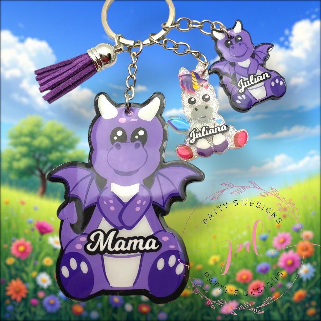 Mama Dragon and Babies Acrylic Keychain- Customizable - Thumbnail 2