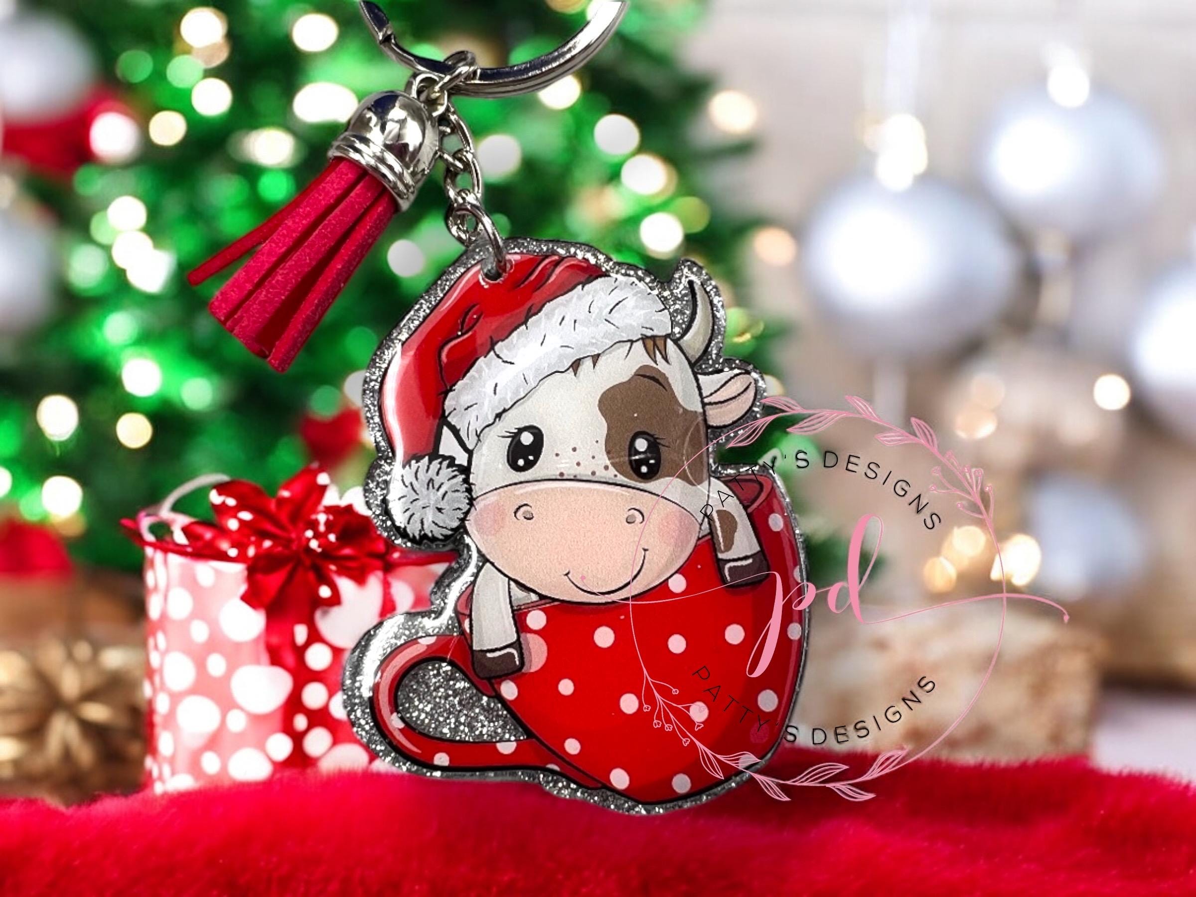 Christmas Cow Coffee Cup Keychain, Christmas