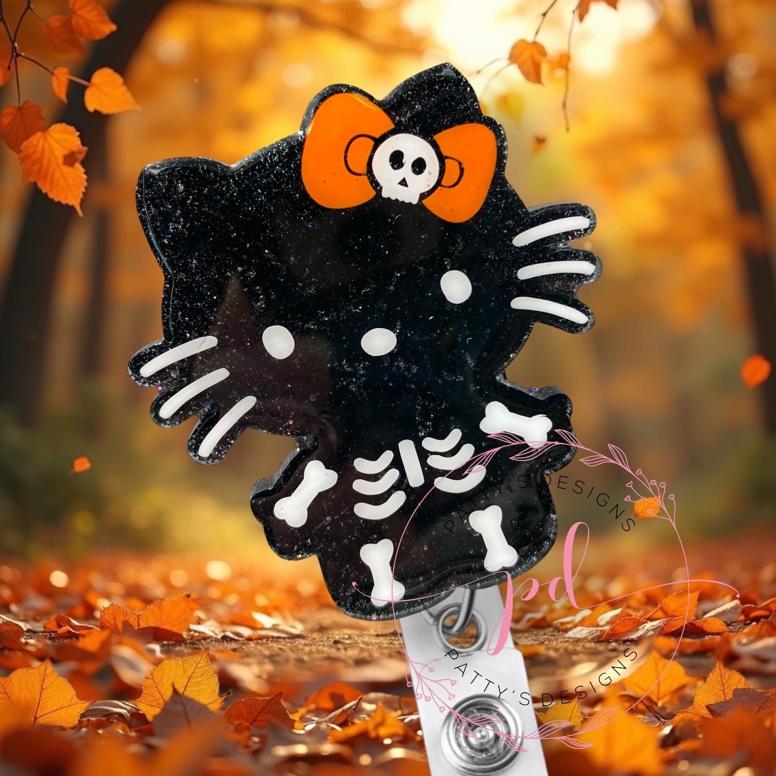 Skeleton Cat Badge Reel, Badge Holder, ID Holder, Halloween
