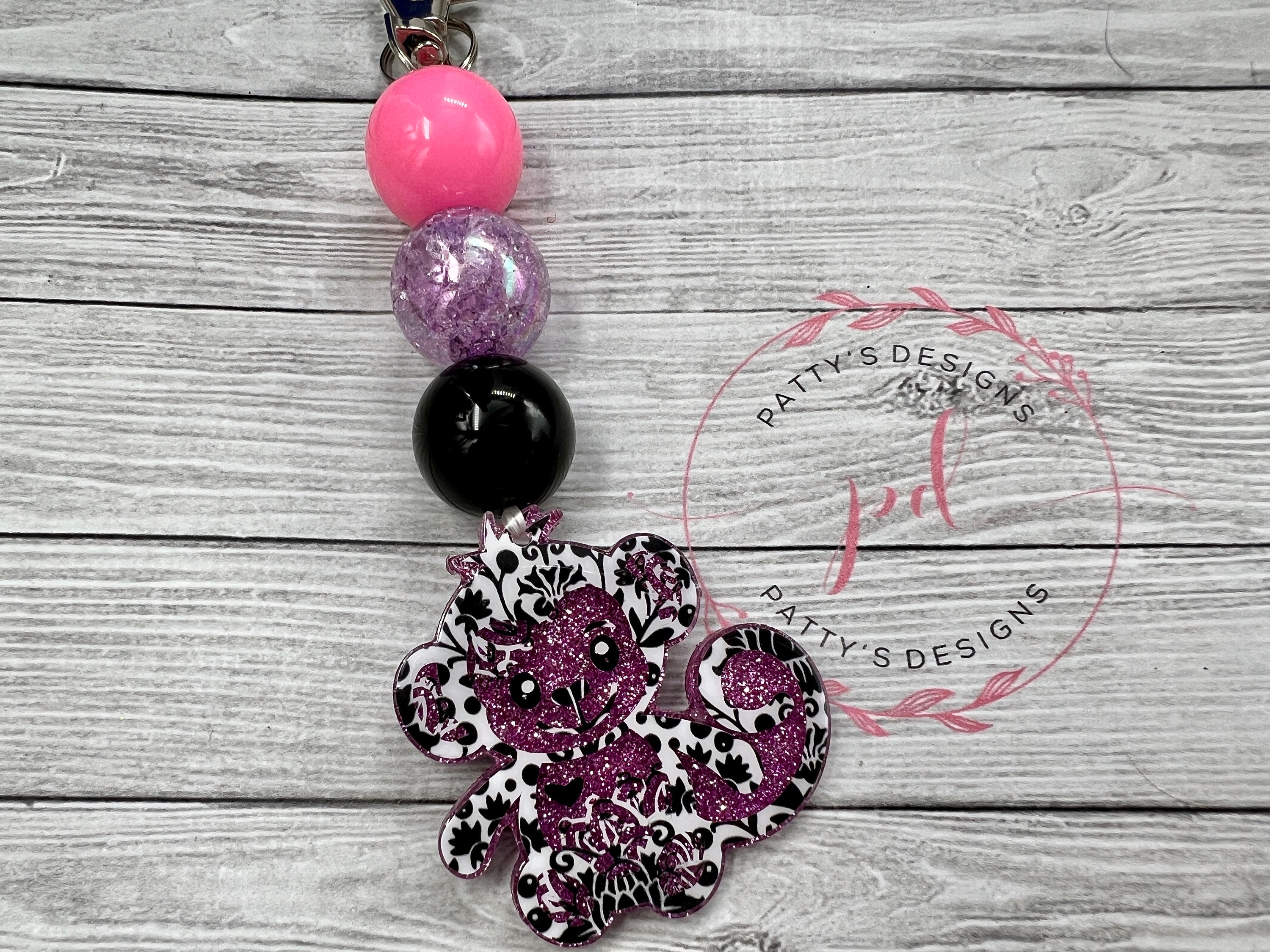 Black, white and pink Monkey Beaded Keychain