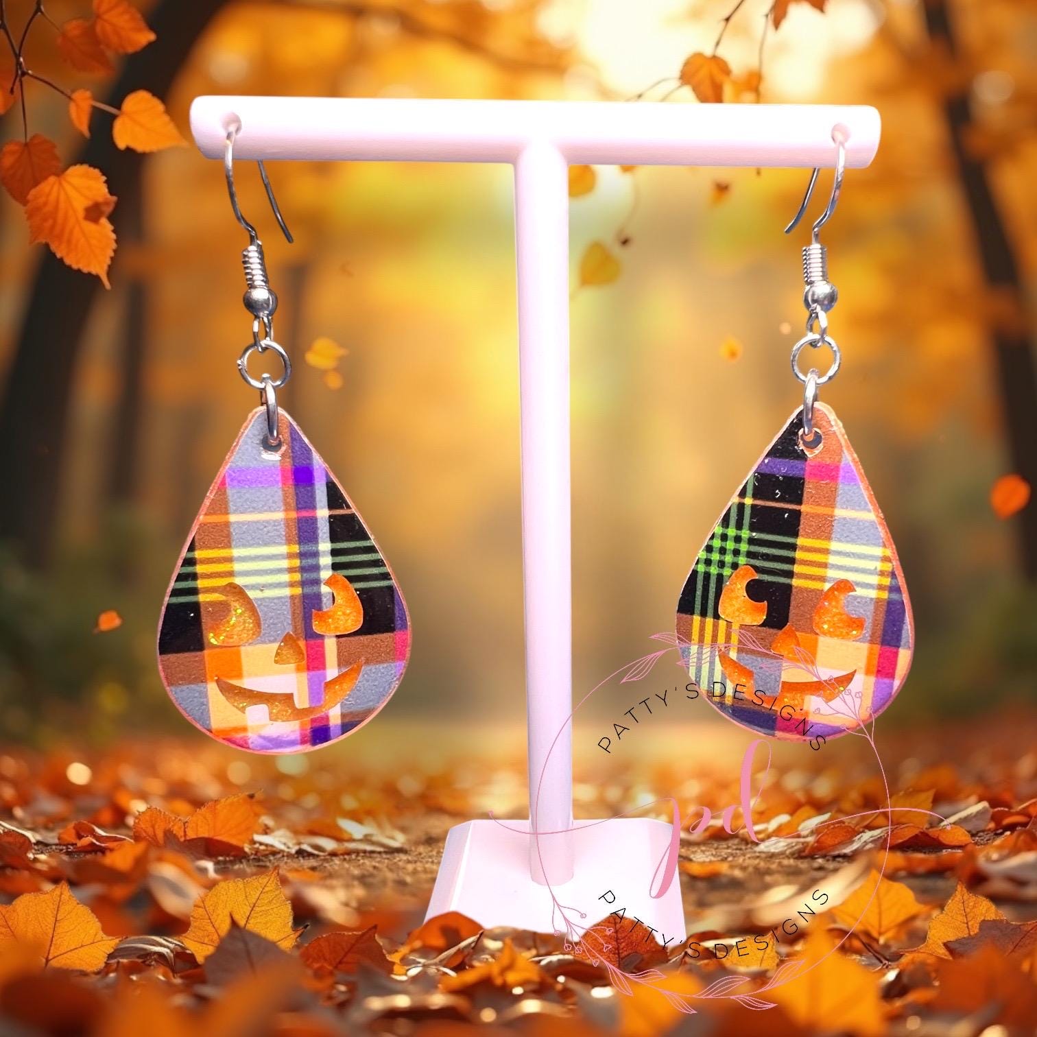 Jack O’ Lantern Teardrop Earrings, Pumpkin, Fall, Autumn - Image 1