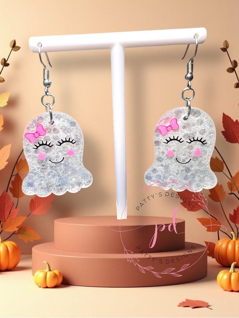 Ghost w/ Bow Glow in the Dark Teardrop Earrings, Fall, Autumn, Halloween - Image 1