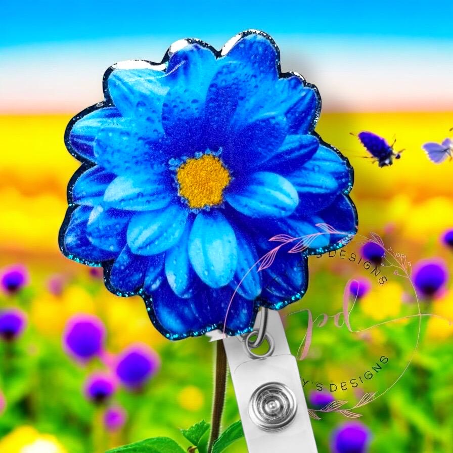 Blue Flower Badge Reel, Badge Holder, ID Holder