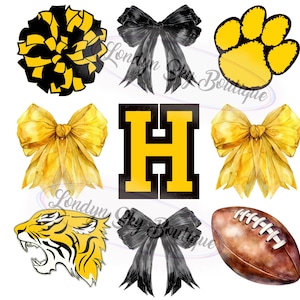 Puede incluir: Un conjunto de gráficos digitales que incluyen un pompón amarillo y negro, lazos negros, una huella de pata amarilla, lazos amarillos, una letra "H" amarilla y negra, una cabeza de tigre y un balón de fútbol marrón.