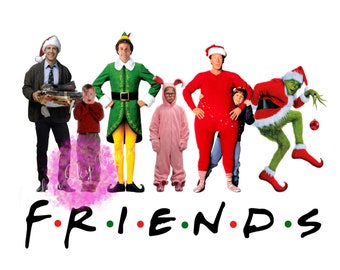 May include: A group of characters from popular Christmas movies, including Buddy the Elf, The Grinch, and Clark Griswold, are standing together in front of a white background. The text "FRIENDS" is written below them in a black font with red and green dots.