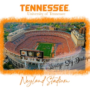 May include: Aerial view of Neyland Stadium, home of the University of Tennessee Volunteers, filled with fans. The stadium is surrounded by an orange border with the text "Tennessee" and "Neyland Stadium".