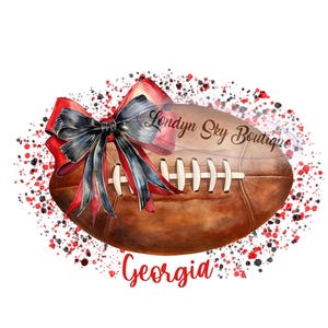 May include: A watercolor illustration of a brown football with white laces, adorned with a red and black bow. The text "Londyn Sky Boutique" is on the football, and "Georgia" is written below. Red and black speckles surround the football.