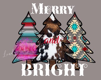 Könnte beinhalten: Drei stilisierte Weihnachtsbäume mit verschiedenen Mustern. Die Bäume sind mit Rot, Weiß, Blau, Türkis und Braun verziert. Der Text "Merry and Bright" ist in weißen Buchstaben unter den Bäumen geschrieben.