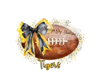 Op de afbeelding: Waterverfillustratie van een bruine American football met witte veters, een zwarte en gele strik en de tekst "Londyn Sky Boutique". Het woord "Tigers" staat eronder in gele letters.