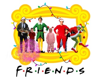 May include: A yellow frame with a Christmas lights garland around it. The frame is in the shape of the iconic "Friends" logo. Inside the frame are six characters from popular Christmas movies, including Buddy the Elf, The Grinch, and Clark Griswold. The text "F.R.I.E.N.D.S." is below the frame.